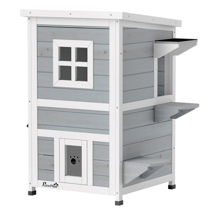 PawHut Wooden Cat House 2-Floor Outdoor Kitten Shelter with 3 Doors and Window Grey