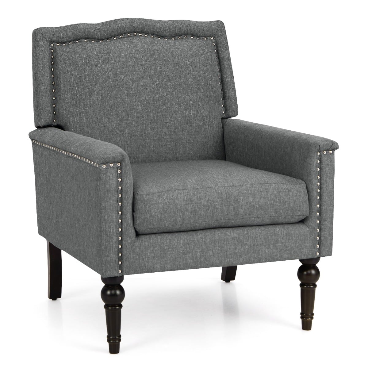 Mid-century Modern Armchair with Thick Cushion &amp; Rubber Wood Legs-Grey