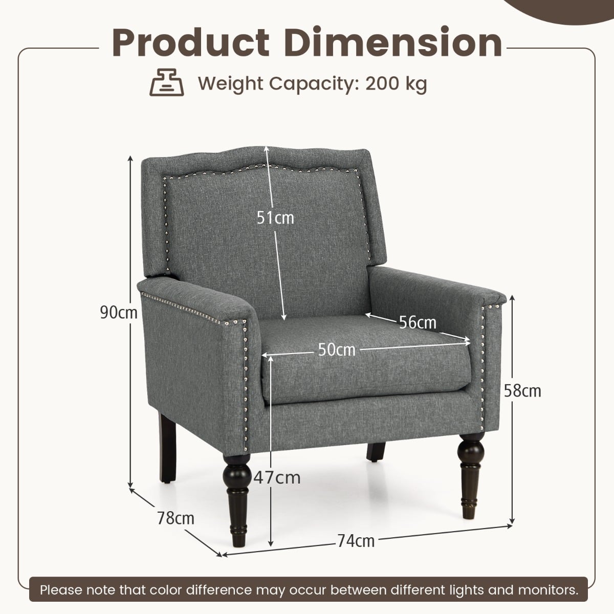 Mid-century Modern Armchair with Thick Cushion &amp; Rubber Wood Legs-Grey