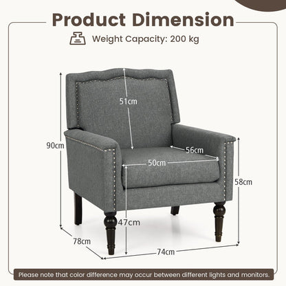 Mid-century Modern Armchair with Thick Cushion &amp; Rubber Wood Legs-Grey