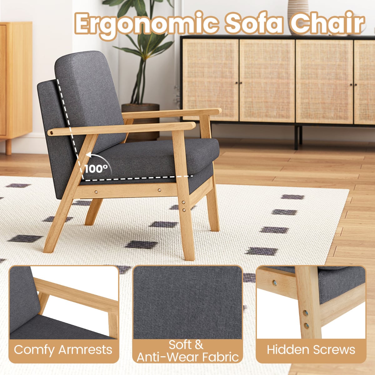 Mid-Century Accent Chair with Solid Wood Frame-Grey