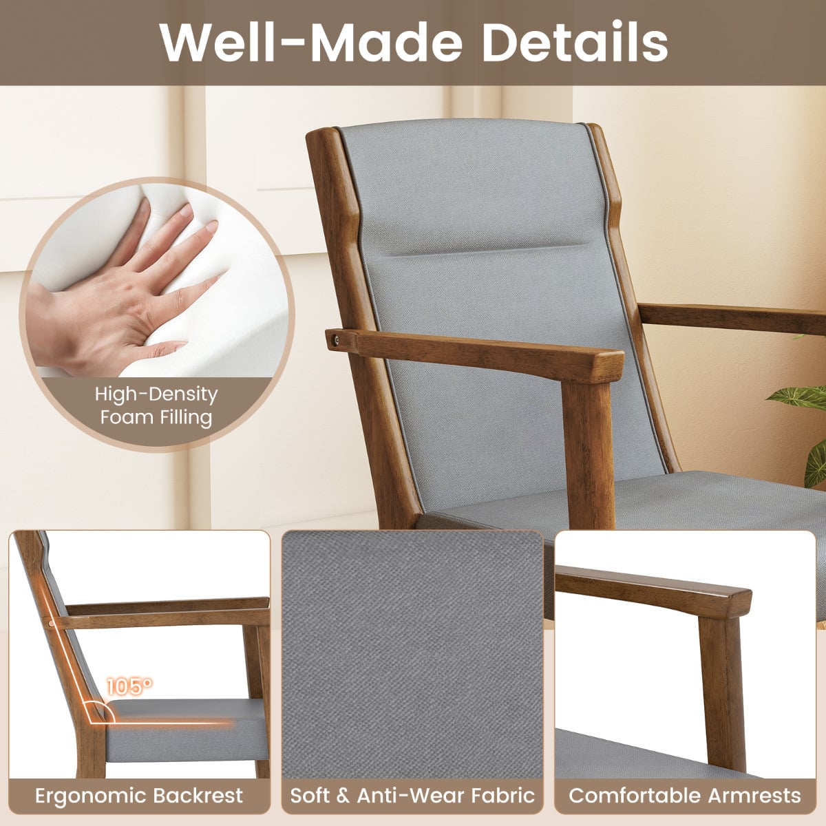 Mid-Century Modern Dining Chairs Set of 2 Upholstered Accent Chairs-Grey