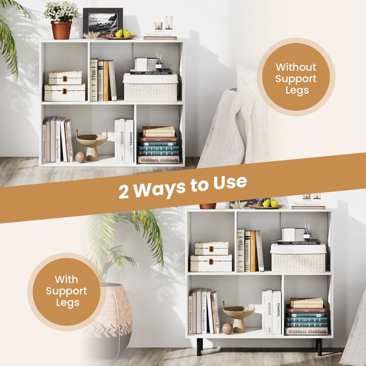 Mid Century Modern Minimalist Cube Bookshelf with 4 Compartments-White