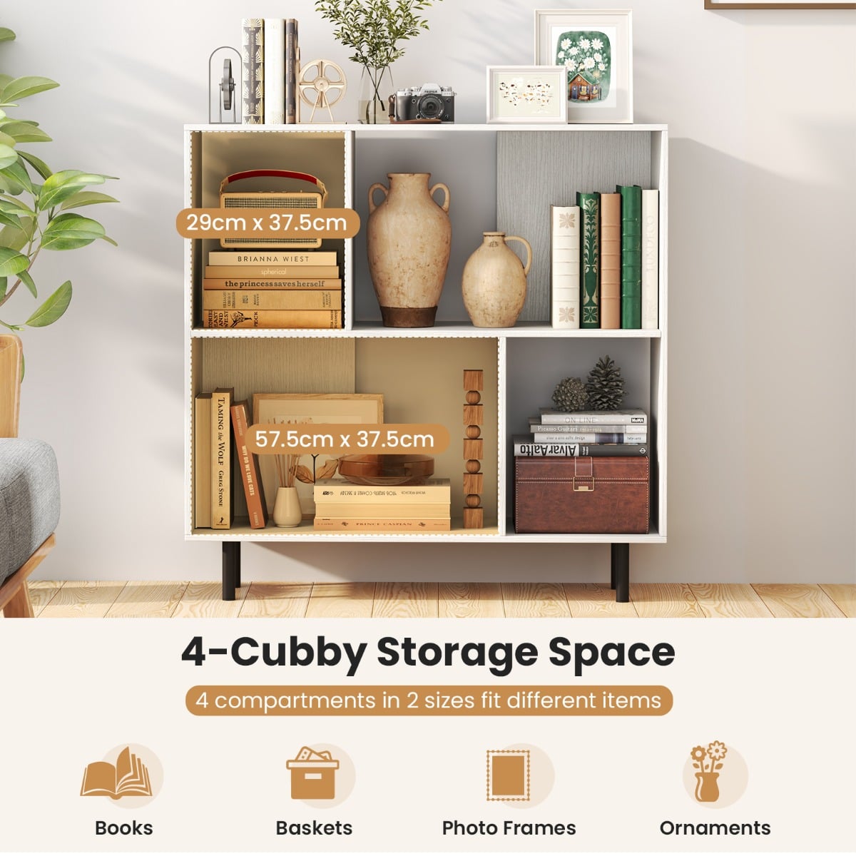 Mid Century Modern Minimalist Cube Bookshelf with 4 Compartments-White