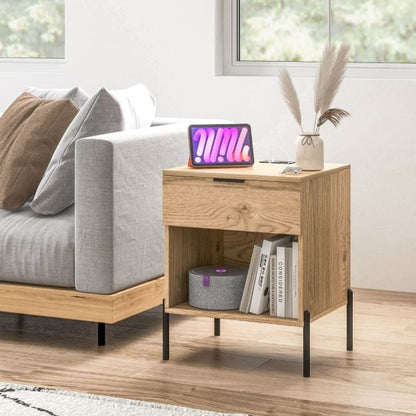 Mid Century Modern Nightstand with Charging Station and Open Compartment-Natural