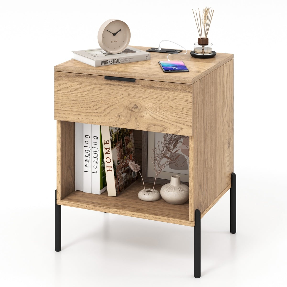 Mid Century Modern Nightstand with Charging Station and Open Compartment-Natural