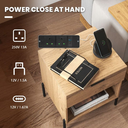 Mid Century Modern Nightstand with Charging Station and Open Compartment-Natural