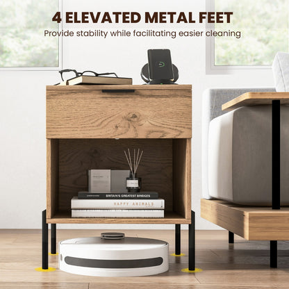 Mid Century Modern Nightstand with Charging Station and Open Compartment-Natural