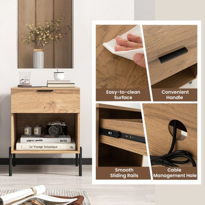 Mid Century Modern Nightstand with Charging Station and Open Compartment-Natural