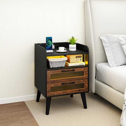 Mid Century Nightstand Modern Bedside Table with Charging Station-Black