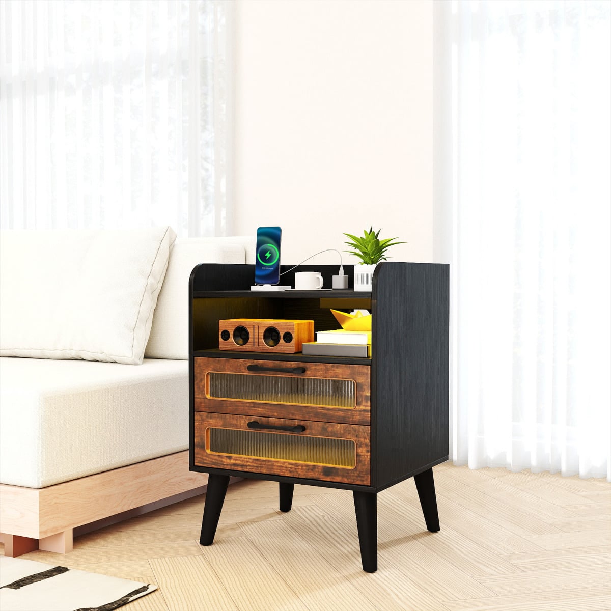 Mid Century Nightstand Modern Bedside Table with Charging Station-Black