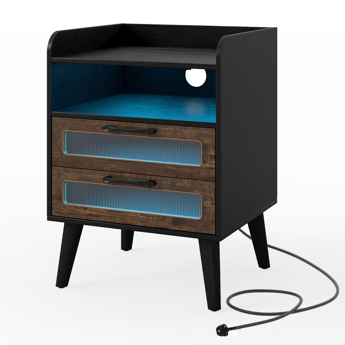 Mid Century Nightstand Modern Bedside Table with Charging Station-Black