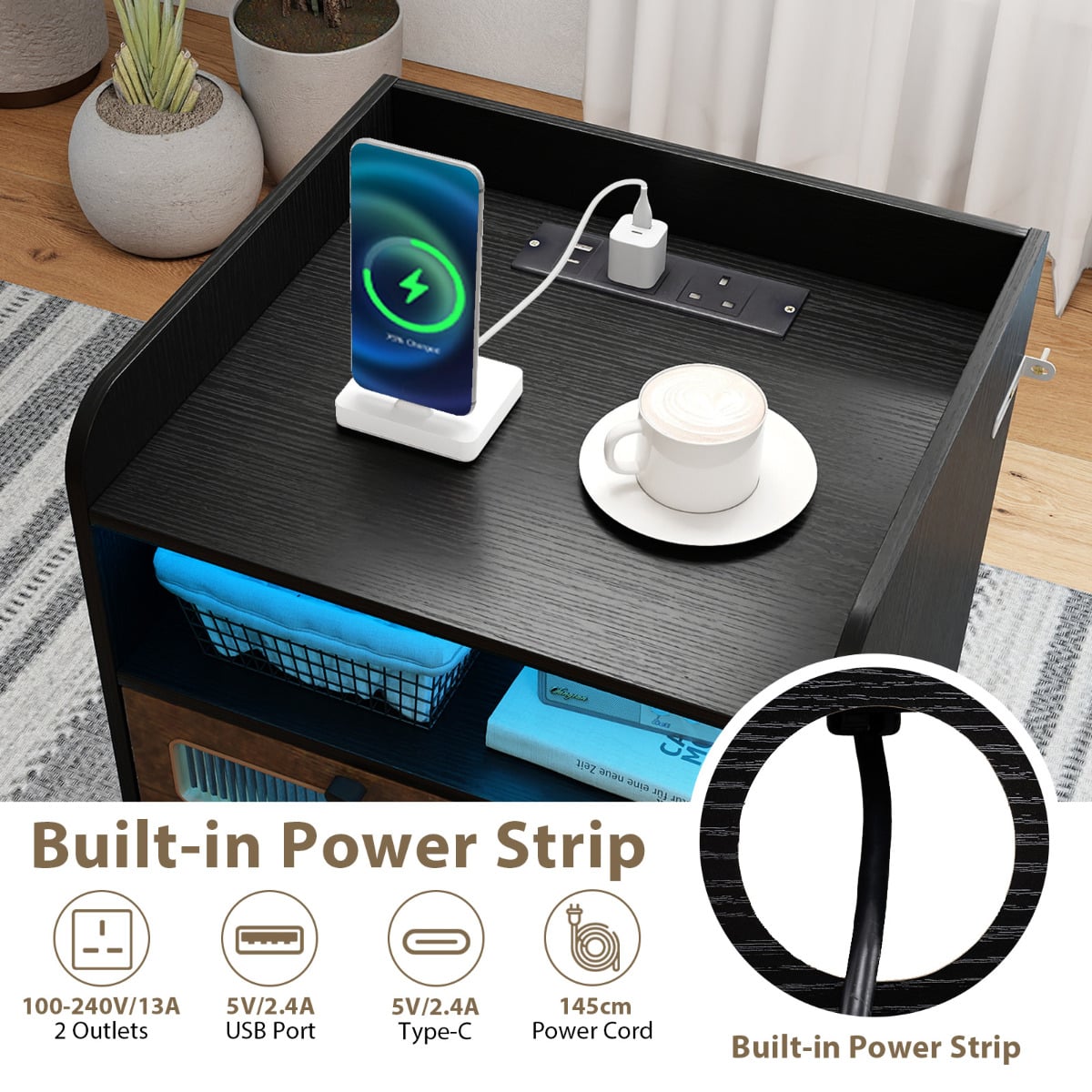 Mid Century Nightstand Modern Bedside Table with Charging Station-Black