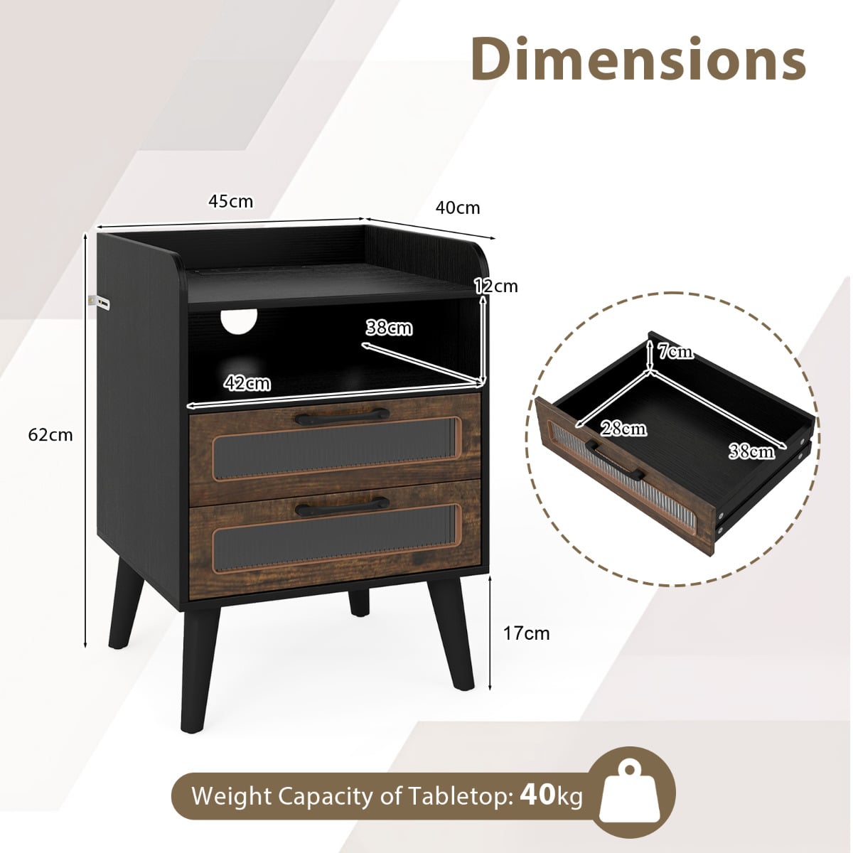 Mid Century Nightstand Modern Bedside Table with Charging Station-Black