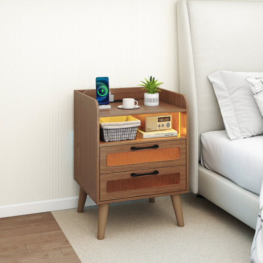 Mid Century Nightstand Modern Bedside Table with Charging Station-Natural