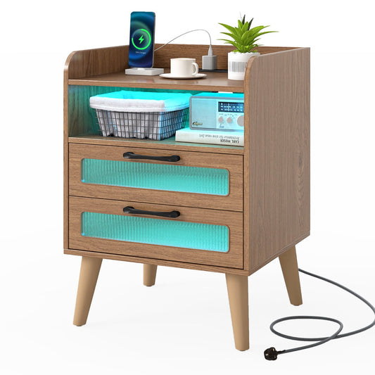Mid Century Nightstand Modern Bedside Table with Charging Station-Natural