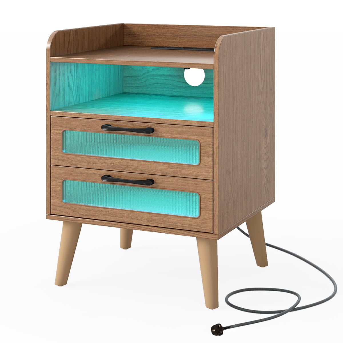 Mid Century Nightstand Modern Bedside Table with Charging Station-Natural