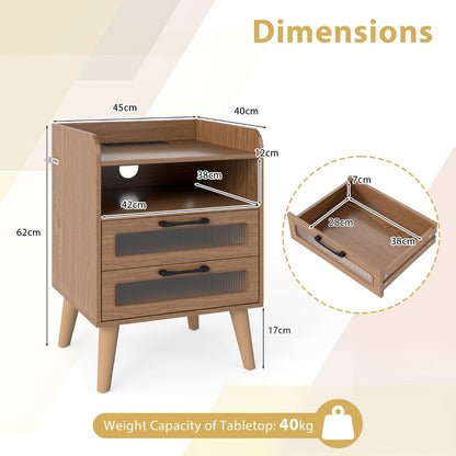 Mid Century Nightstand Modern Bedside Table with Charging Station-Natural