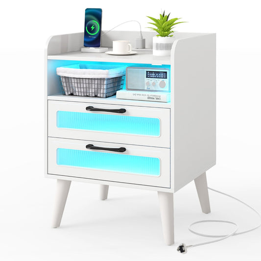 Mid Century Nightstand Modern Bedside Table with Charging Station-White