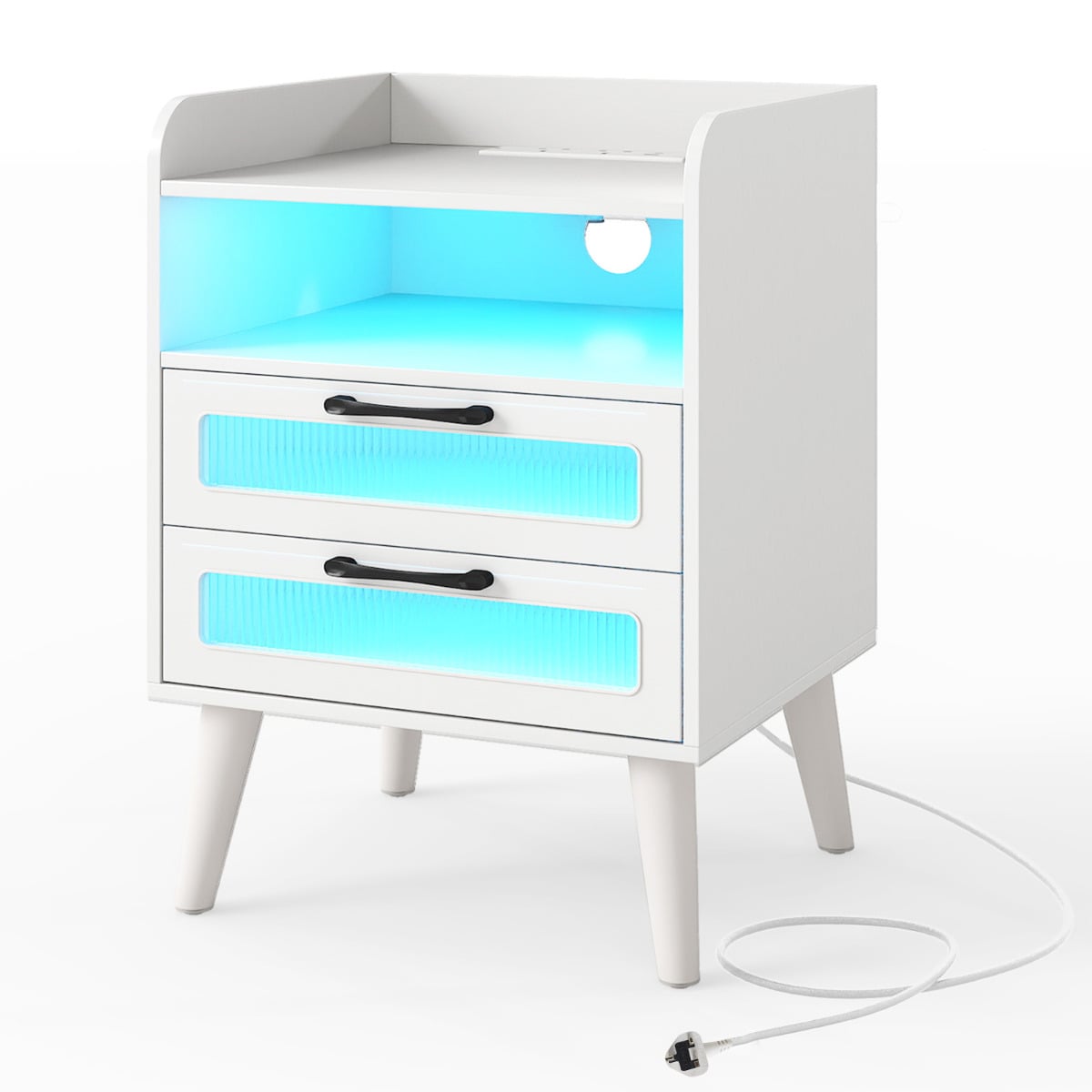 Mid Century Nightstand Modern Bedside Table with Charging Station-White