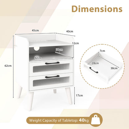 Mid Century Nightstand Modern Bedside Table with Charging Station-White