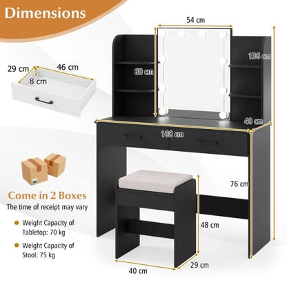 Vanity Set with 3-Color Lighting and Adjustable Brightness-Black