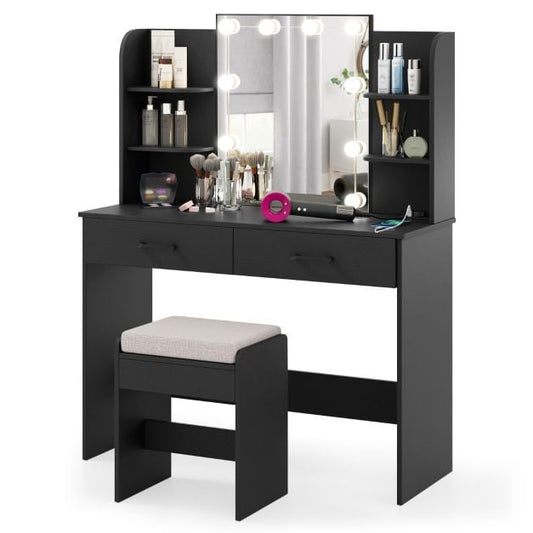 Vanity Set with 3-Color Lighting and Adjustable Brightness-Black