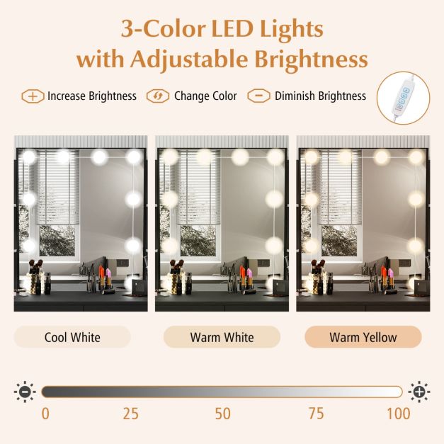 Vanity Set with 3-Color Lighting and Adjustable Brightness-Black