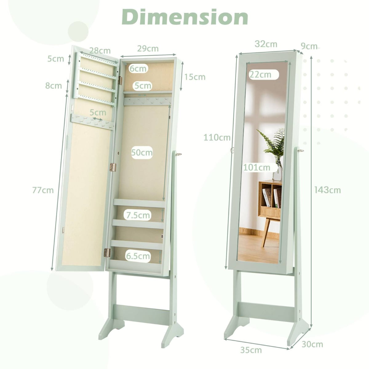Mirrored Jewelry Armoire with Full-Length Mirror and 3 Tilting Angles-Green