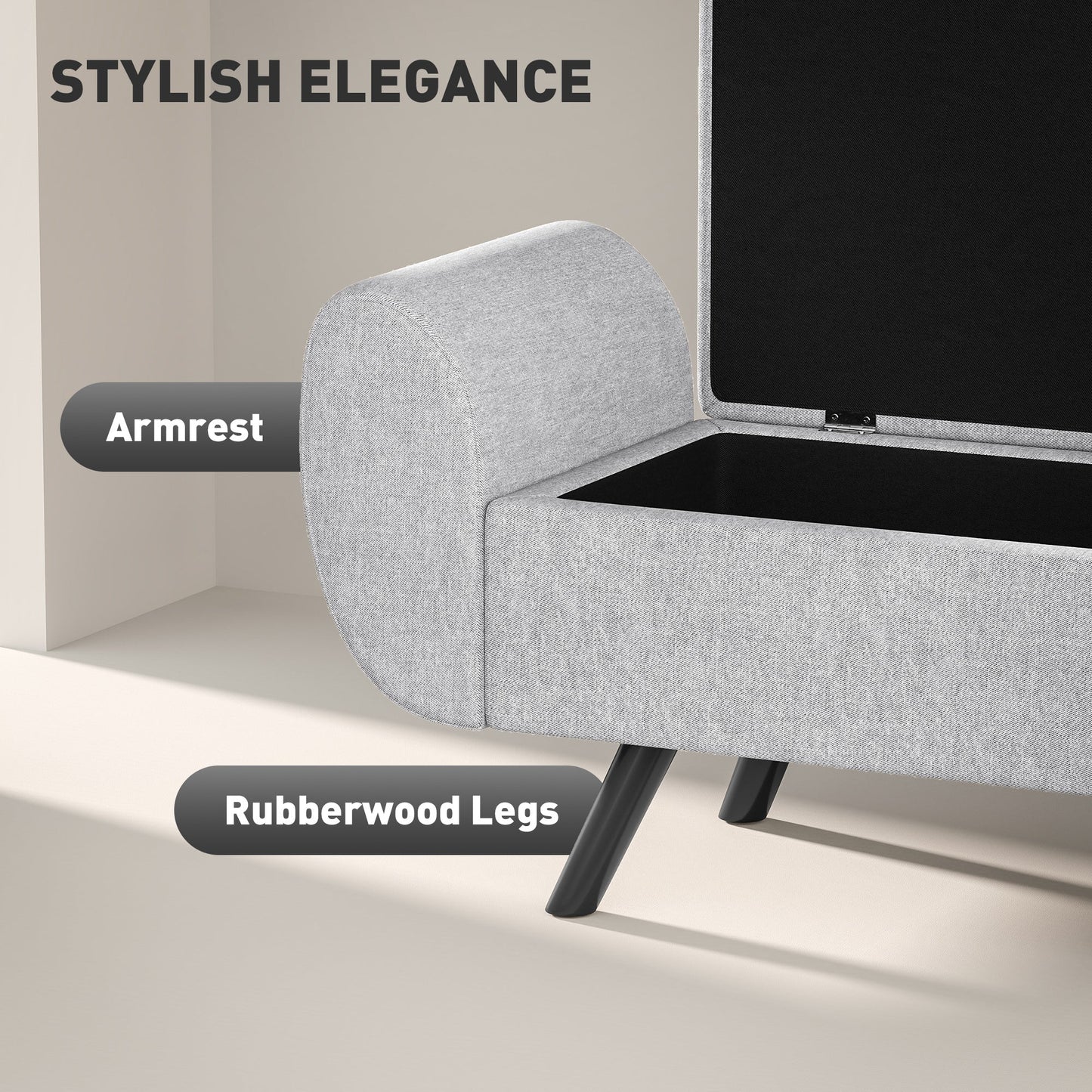 HOMCOM Storage Ottoman with Armrest, Upholstered Linen Storage Bench, Window Seat with Rubberwood Legs, Footstool for Bedroom Living Room, Hallway, Light Grey