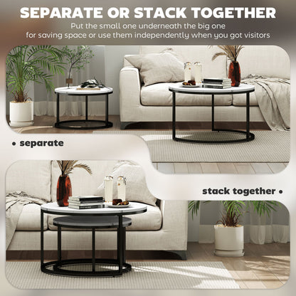 HOMCOM Set of Two Marble-Effect Stacking Tables - Black/White