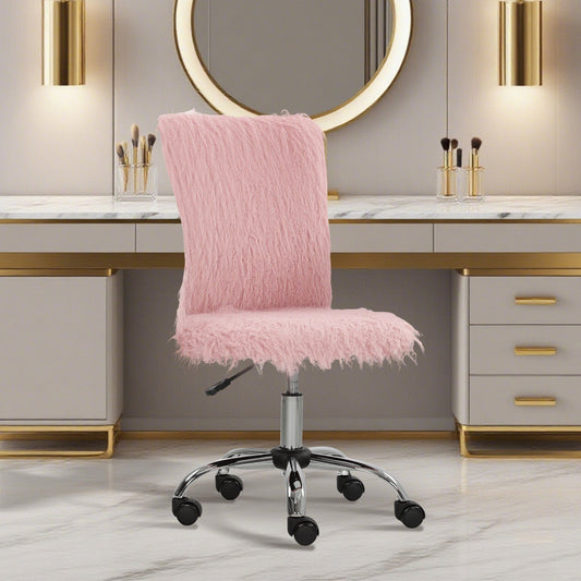 HOMCOM Plush Office Desk Chair, Modern Armless Swivel Vanity Chair with Adjustable Height for Home Office, Bedroom, Living Room, Pink
