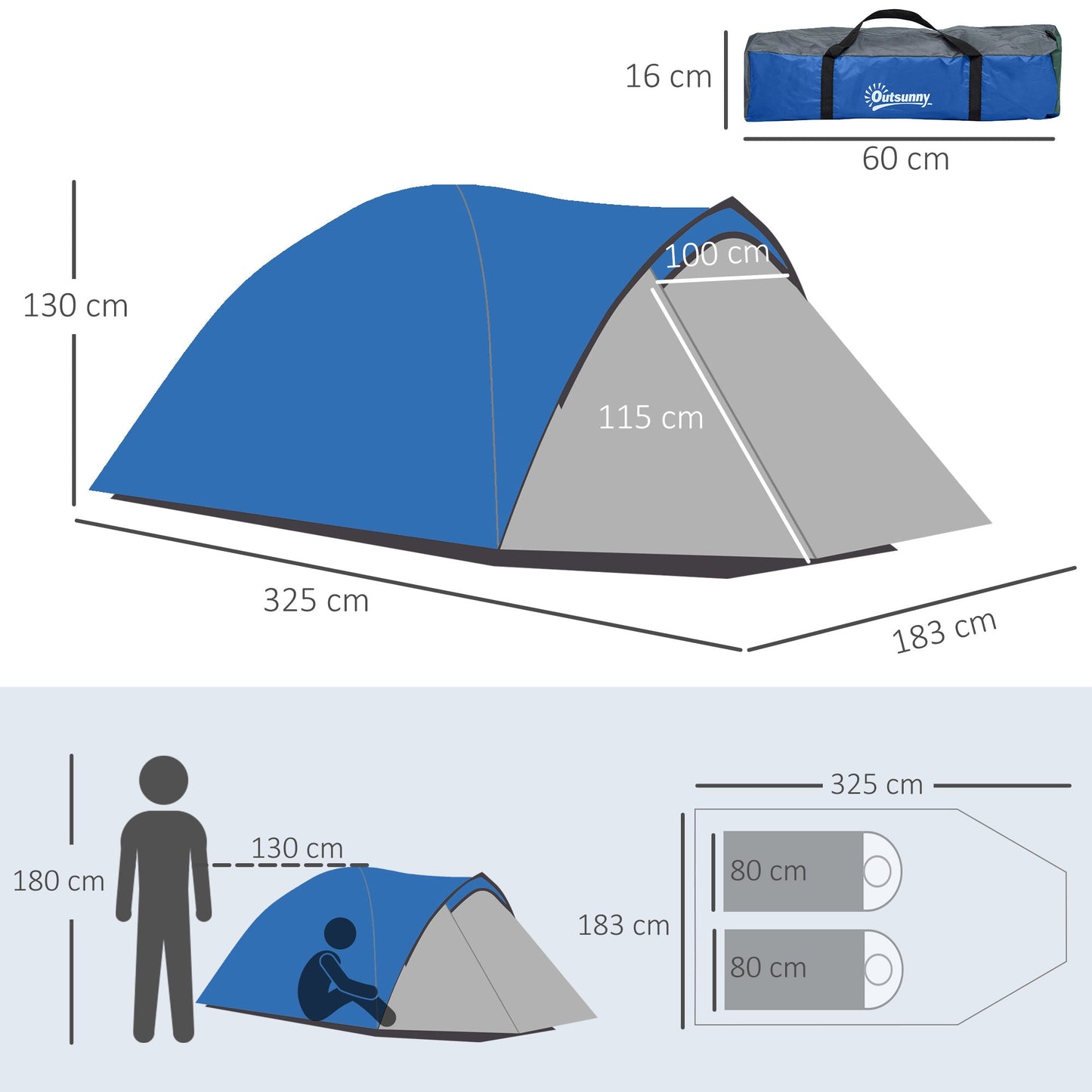 Outsunny Two-Man Dome Tent, with Front Vestibule - Blue/Grey