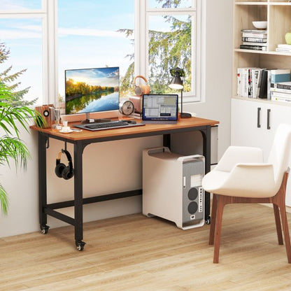 120cm Mobile Computer Desk with Storage Bag and 2 Headphone Hooks-Teak