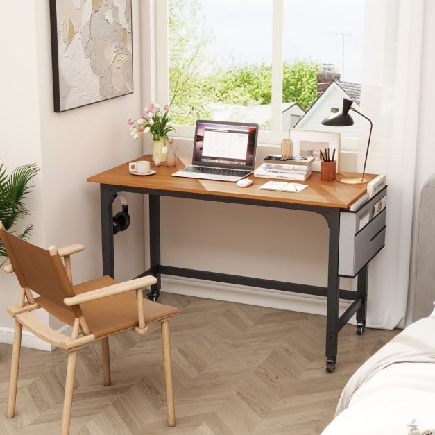 120cm Mobile Computer Desk with Storage Bag and 2 Headphone Hooks-Teak