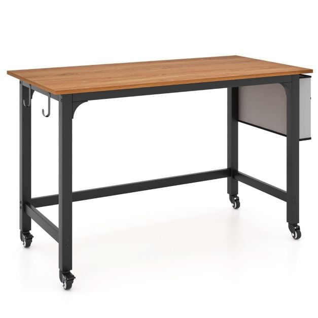 120cm Mobile Computer Desk with Storage Bag and 2 Headphone Hooks-Teak