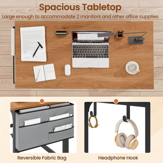 120cm Mobile Computer Desk with Storage Bag and 2 Headphone Hooks-Teak