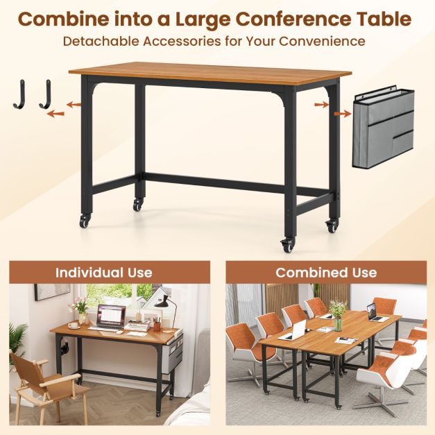 120cm Mobile Computer Desk with Storage Bag and 2 Headphone Hooks-Teak