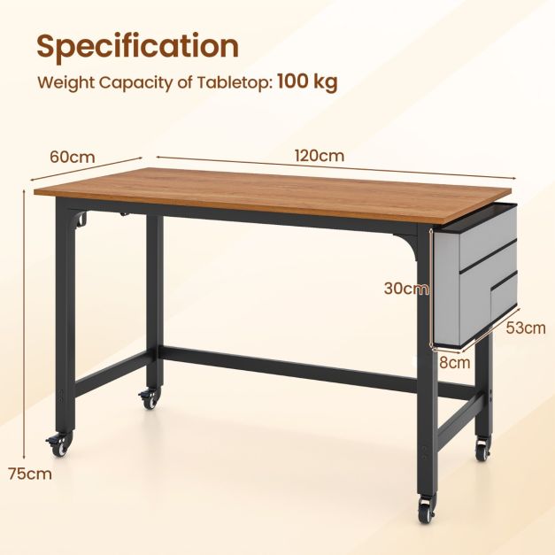 120cm Mobile Computer Desk with Storage Bag and 2 Headphone Hooks-Teak