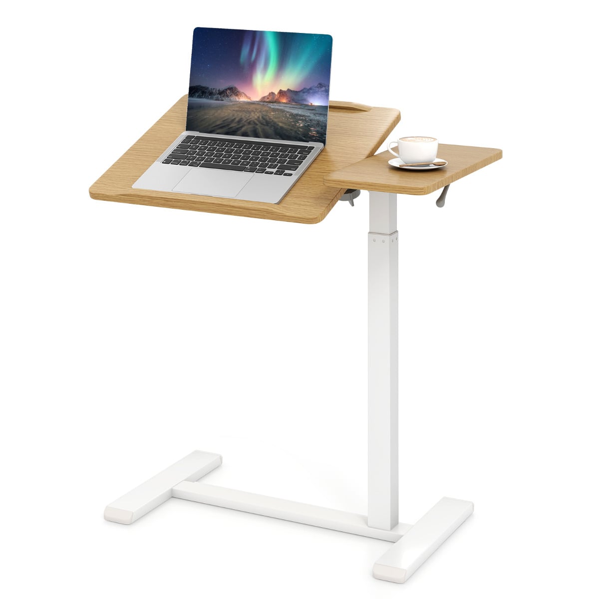 Mobile Over Bed Desk Height Adjustable Standing Laptop Cart with Tilting Tabletop-Natural & White