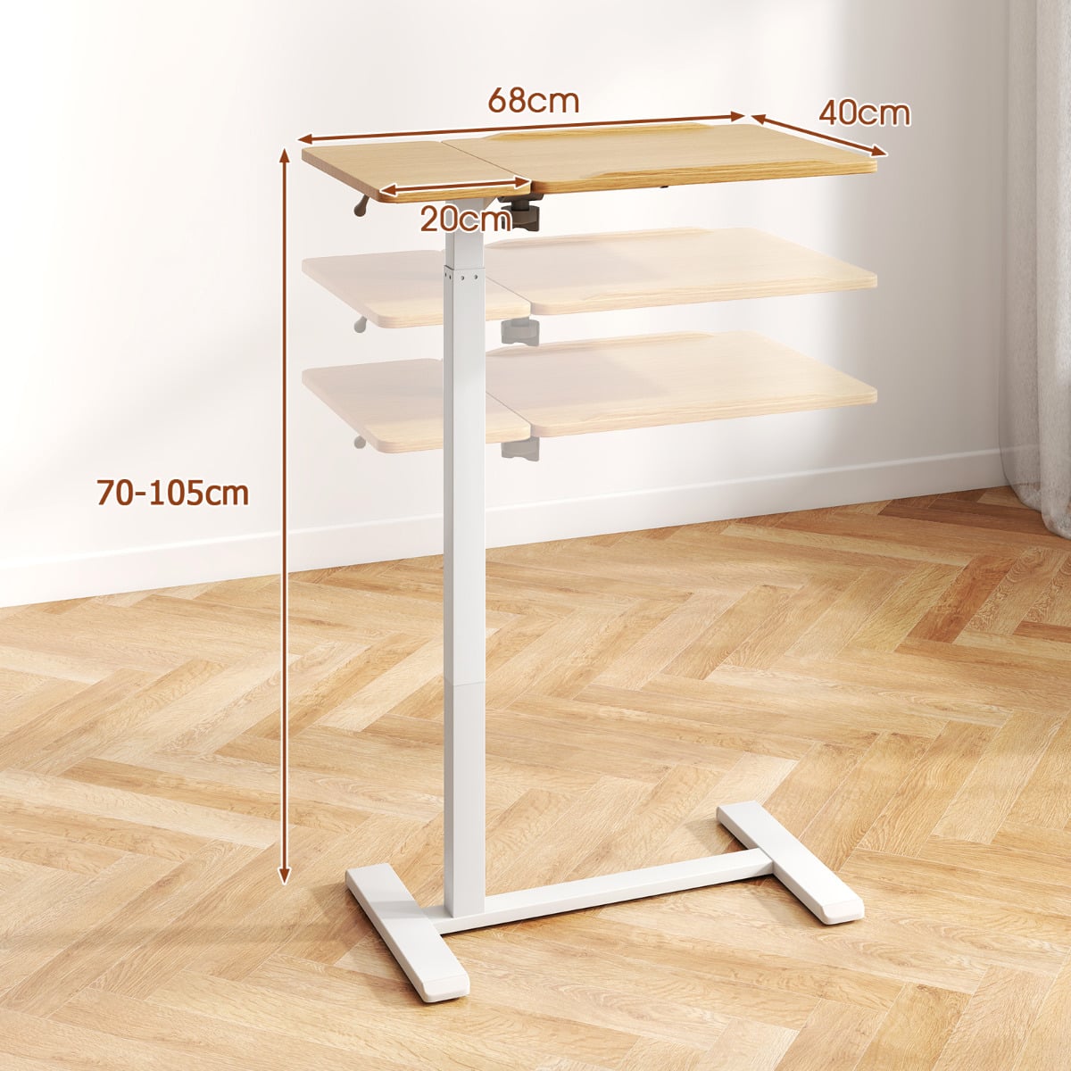 Mobile Over Bed Desk Height Adjustable Standing Laptop Cart with Tilting Tabletop-Natural & White