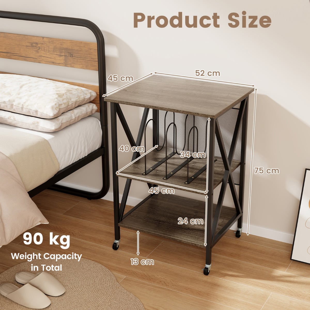 Mobile Record Player Stand with Vinyl Storage Shelves and Dividers-Grey