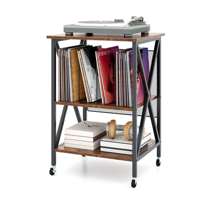 Mobile Record Player Stand with Vinyl Storage Shelves and Dividers-Rustic Brown