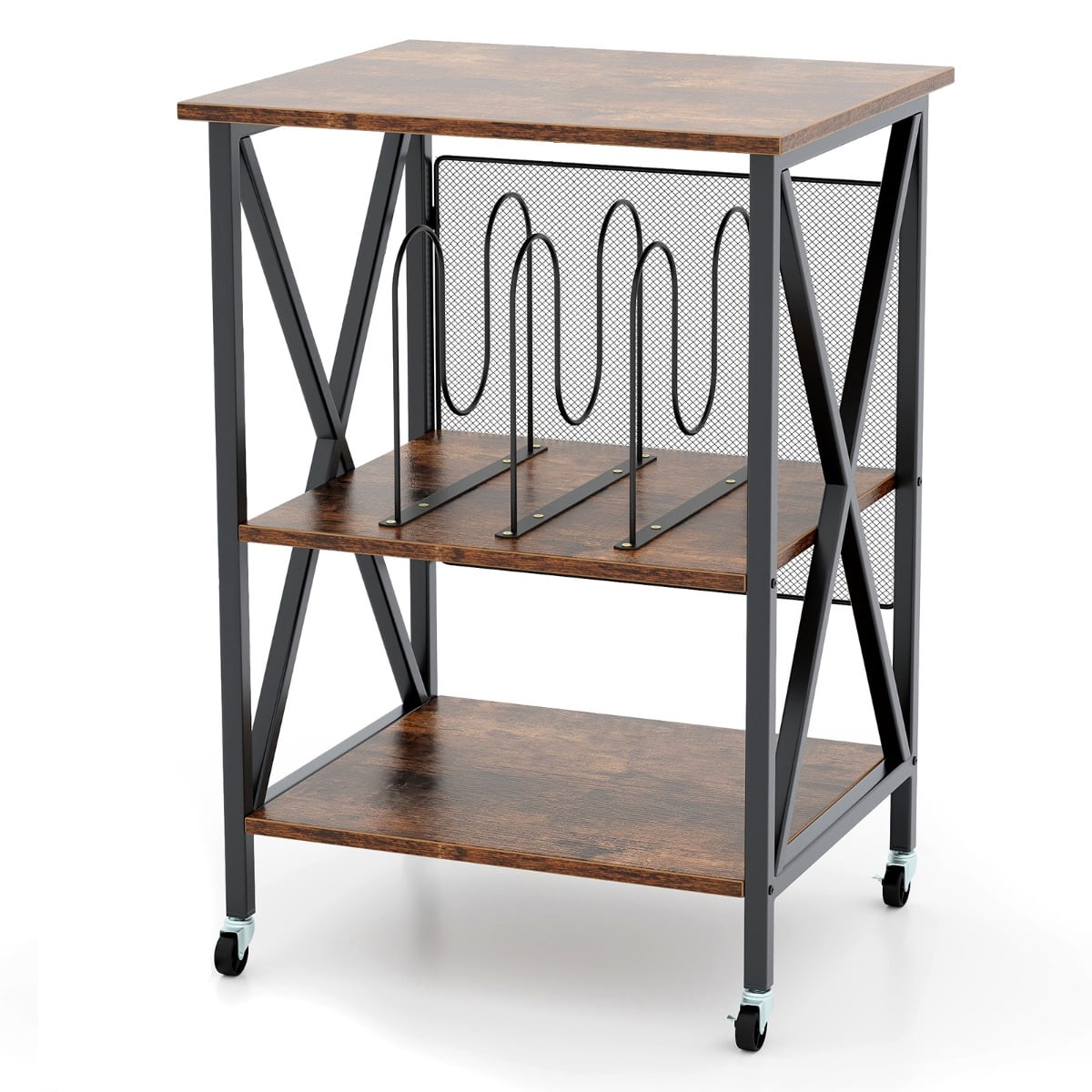 Mobile Record Player Stand with Vinyl Storage Shelves and Dividers-Rustic Brown