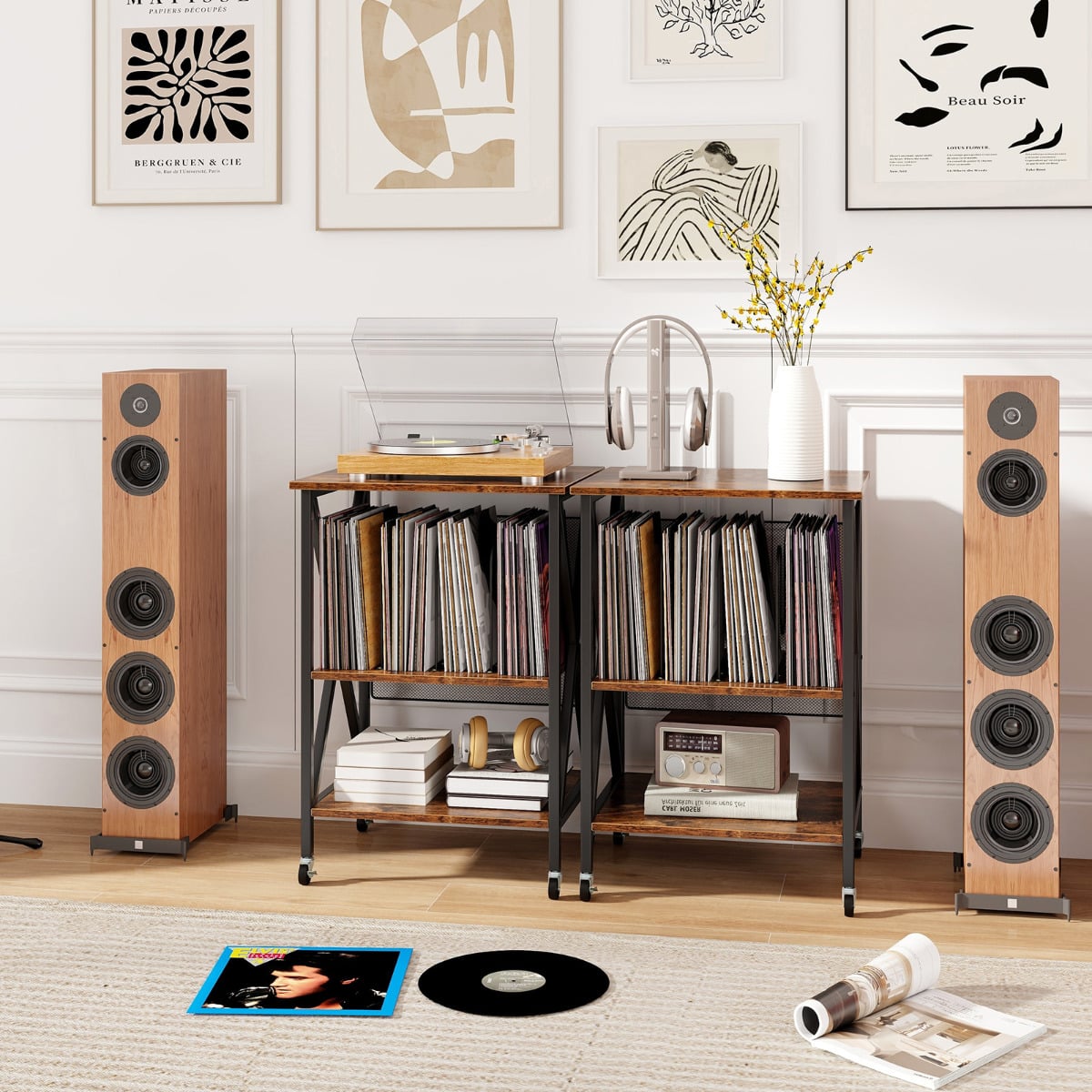 Mobile Record Player Stand with Vinyl Storage Shelves and Dividers-Rustic Brown