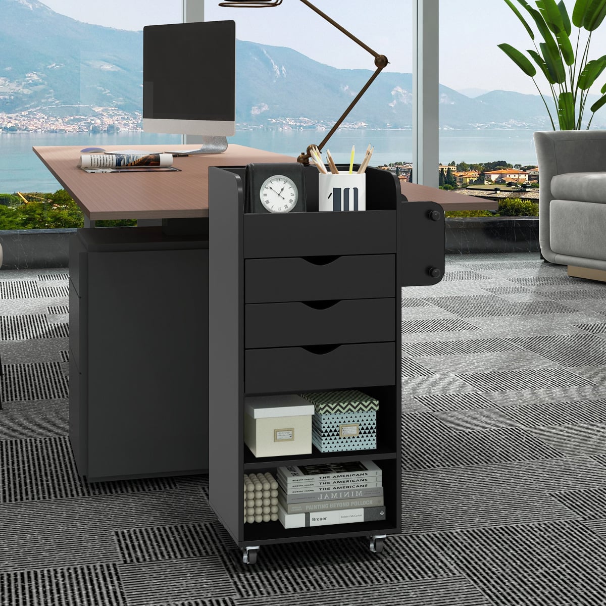 Mobile Rolling Storage Cart with 3 Drawers 2 Shelves and 2 Dowel Rods-Black