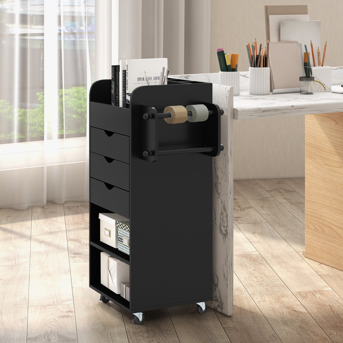 Mobile Rolling Storage Cart with 3 Drawers 2 Shelves and 2 Dowel Rods-Black