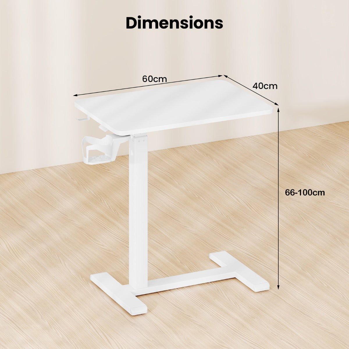 Height Adjustable Overbed Bedside Table with Cup Holder and Headphone Hook-White