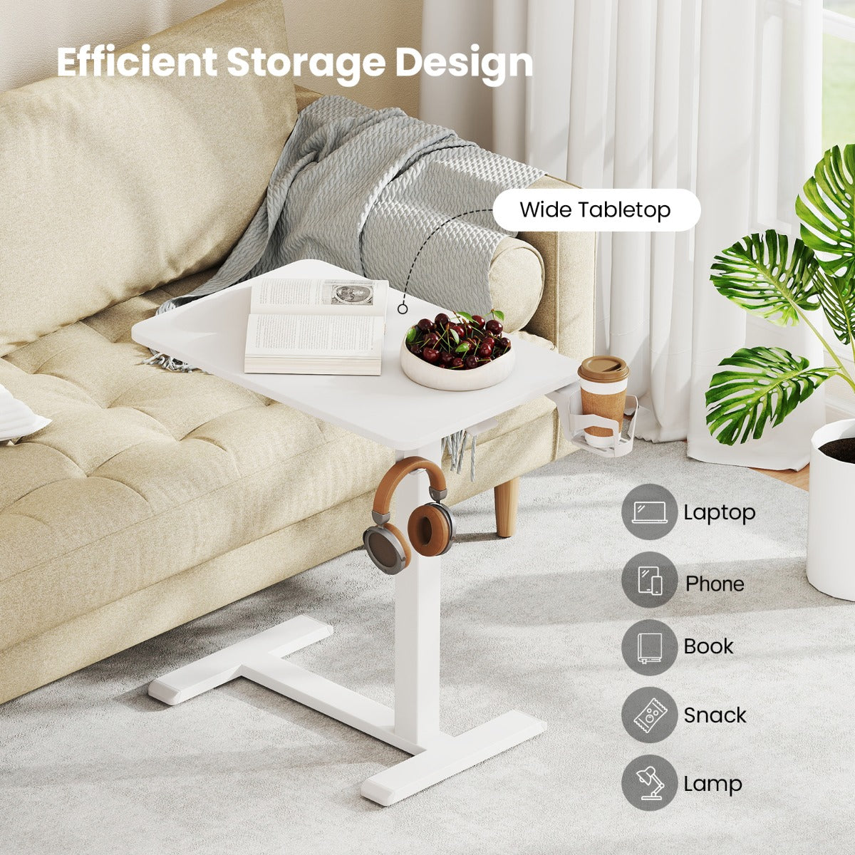 Height Adjustable Overbed Bedside Table with Cup Holder and Headphone Hook-White