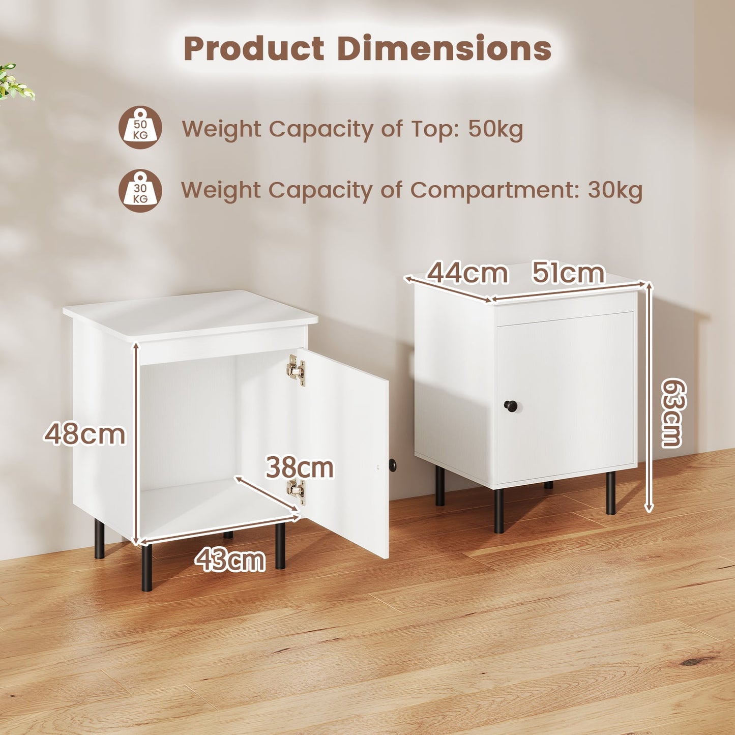 2-Tier Nightstand with Single Door Cabinet for Bedroom-White